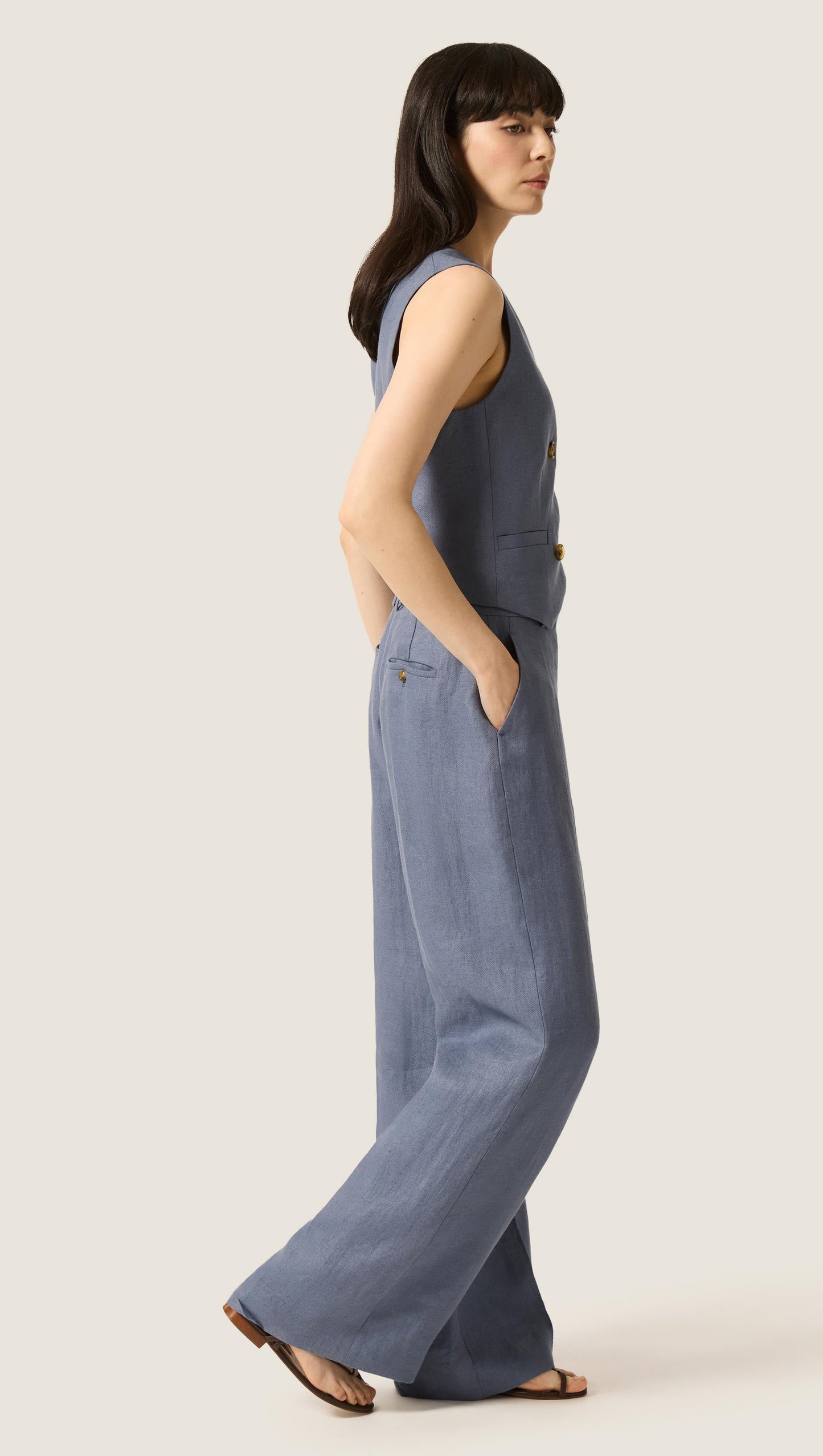 Double-Breasted Waistcoat in Basket Weave Linen | Blue Grey