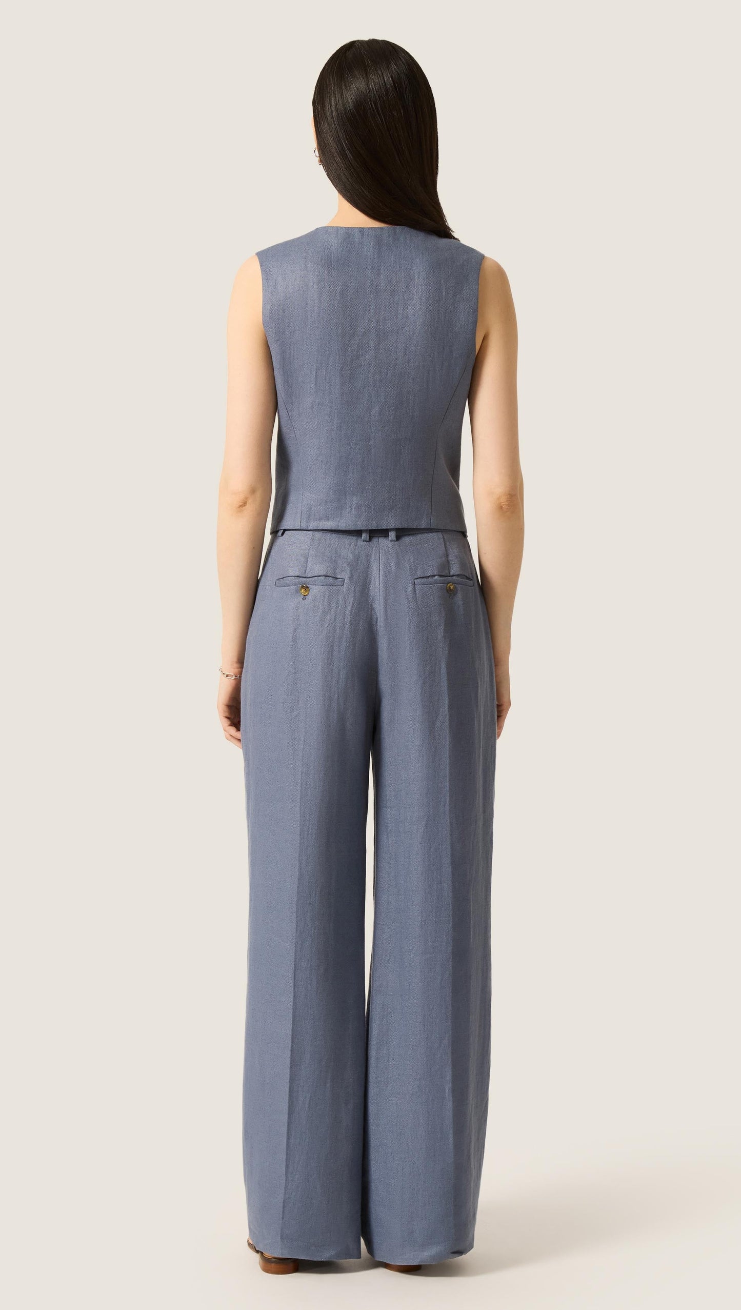 Double-Breasted Waistcoat in Basket Weave Linen | Blue Grey