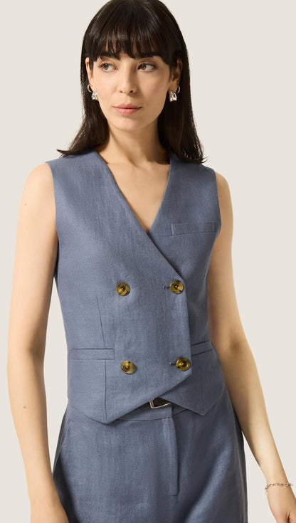 Double-Breasted Waistcoat in Basket Weave Linen | Blue Grey