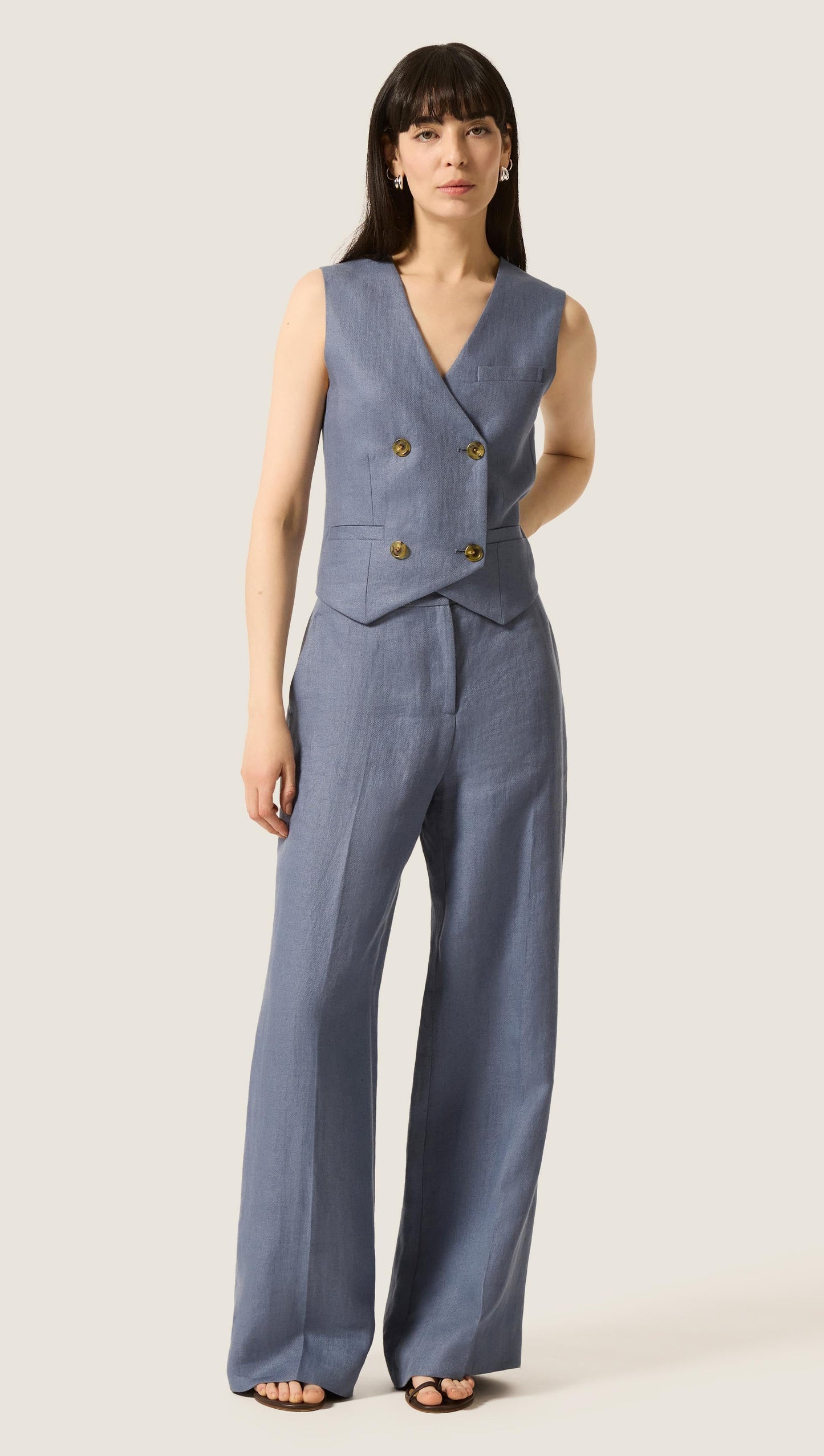 Double-Breasted Waistcoat in Basket Weave Linen | Blue Grey