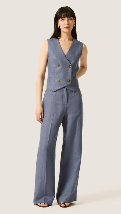Double-Breasted Waistcoat in Basket Weave Linen | Blue Grey