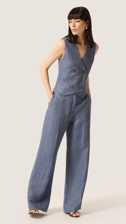 Double-Breasted Waistcoat in Basket Weave Linen | Blue Grey