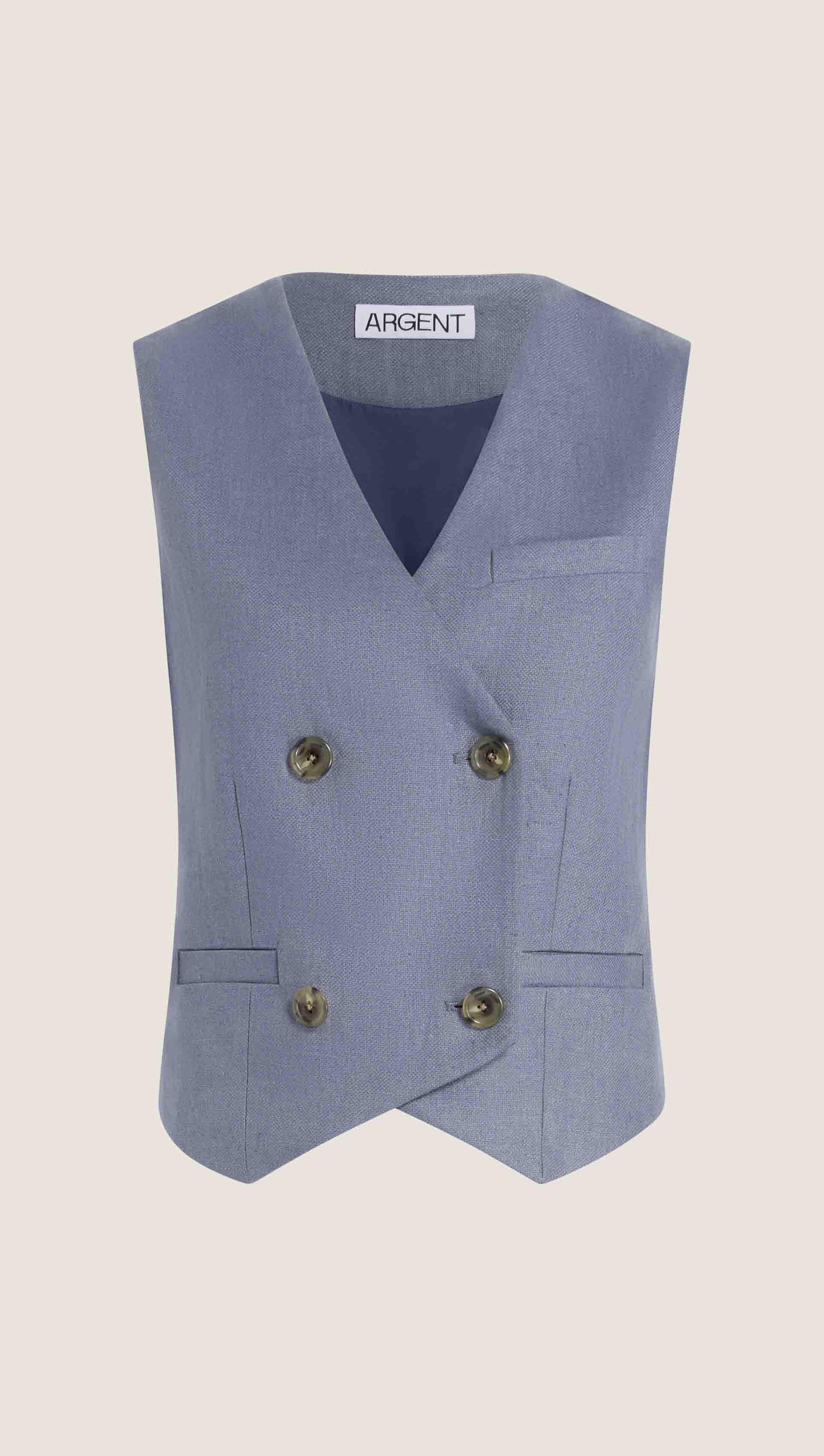 Double-Breasted Waistcoat in Basket Weave Linen | Blue Grey