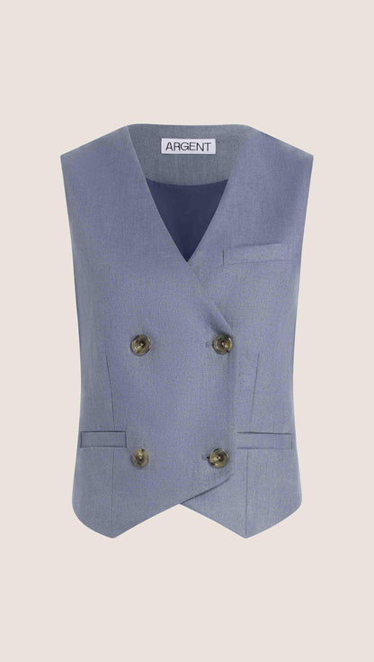 Double-Breasted Waistcoat in Basket Weave Linen | Blue Grey