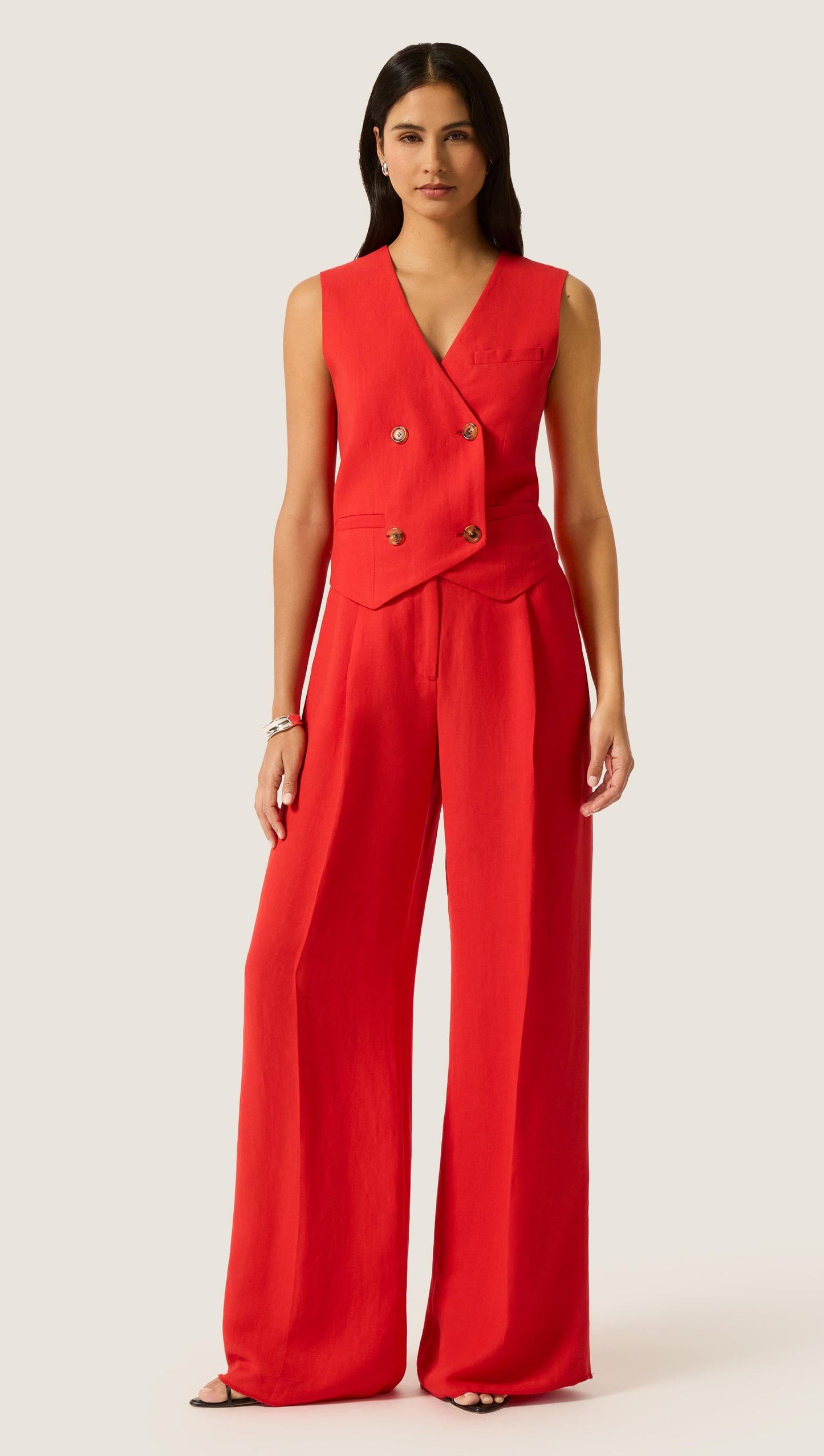 Double-Breasted Waistcoat in Viscose Linen | Coral Red