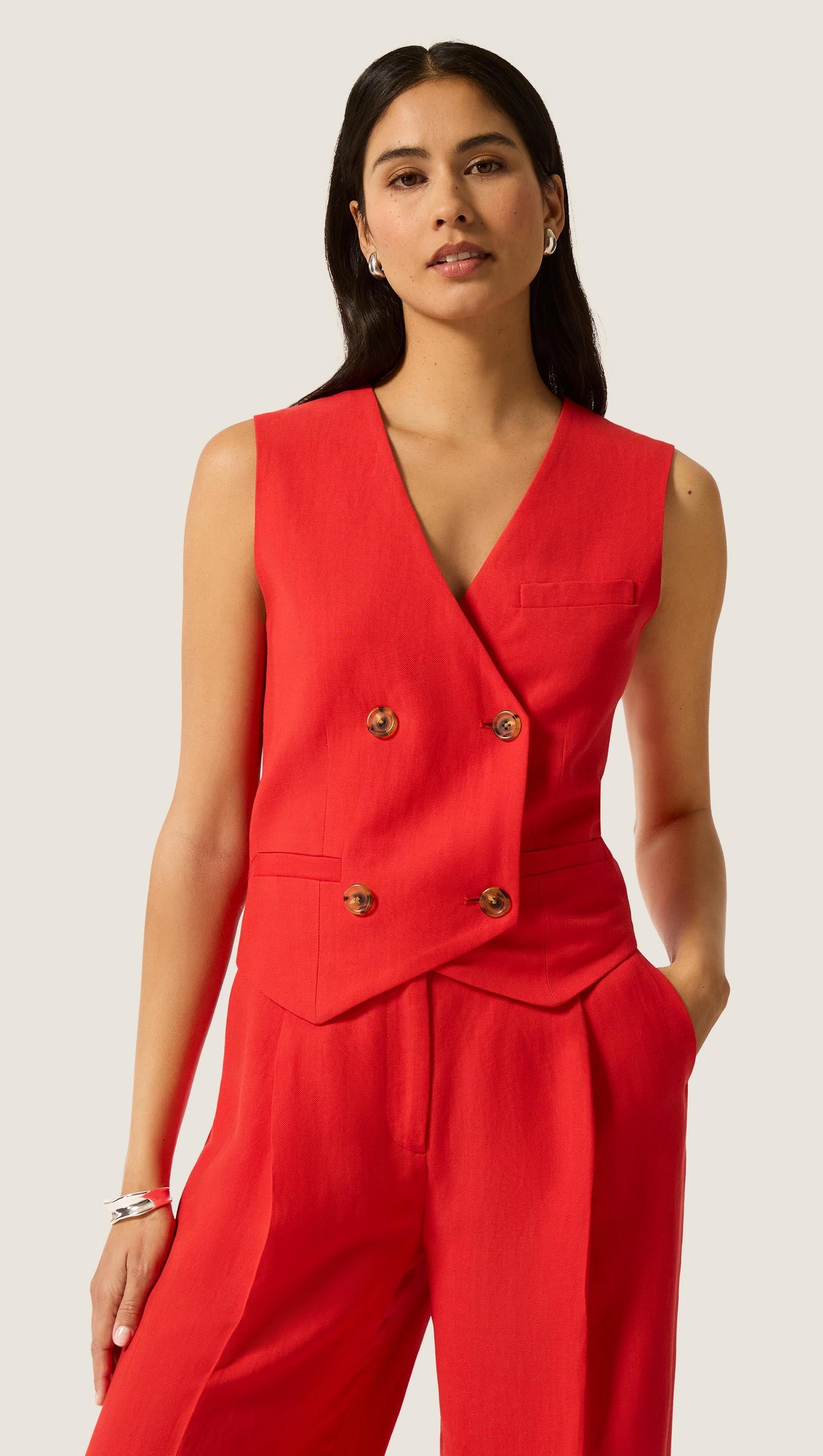 Double-Breasted Waistcoat in Viscose Linen | Coral Red