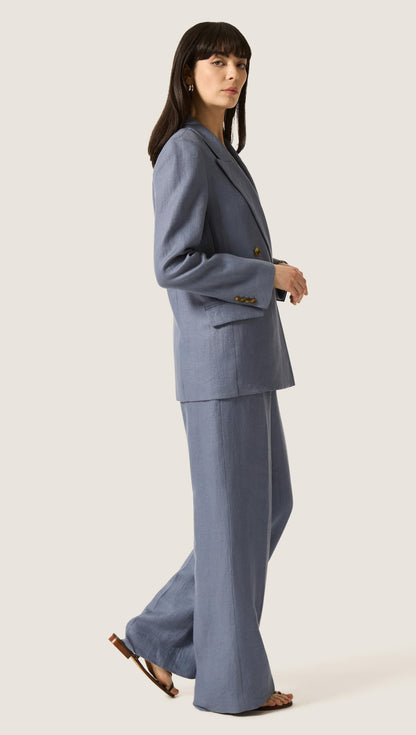 Peak Lapel Blazer in Basket Weave Linen | Blue Grey