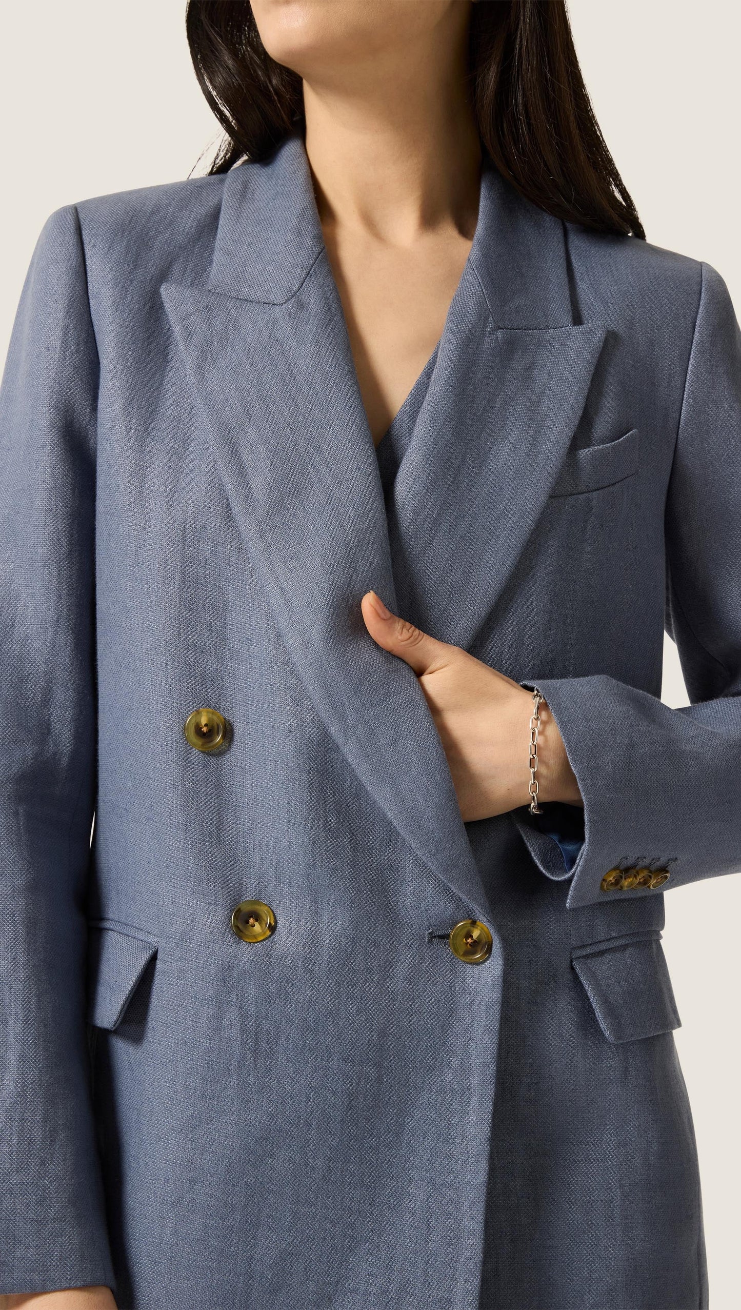 Peak Lapel Blazer in Basket Weave Linen | Blue Grey