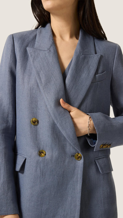 Peak Lapel Blazer in Basket Weave Linen | Blue Grey