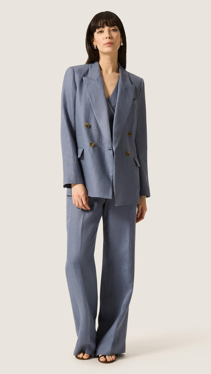 Peak Lapel Blazer in Basket Weave Linen | Blue Grey