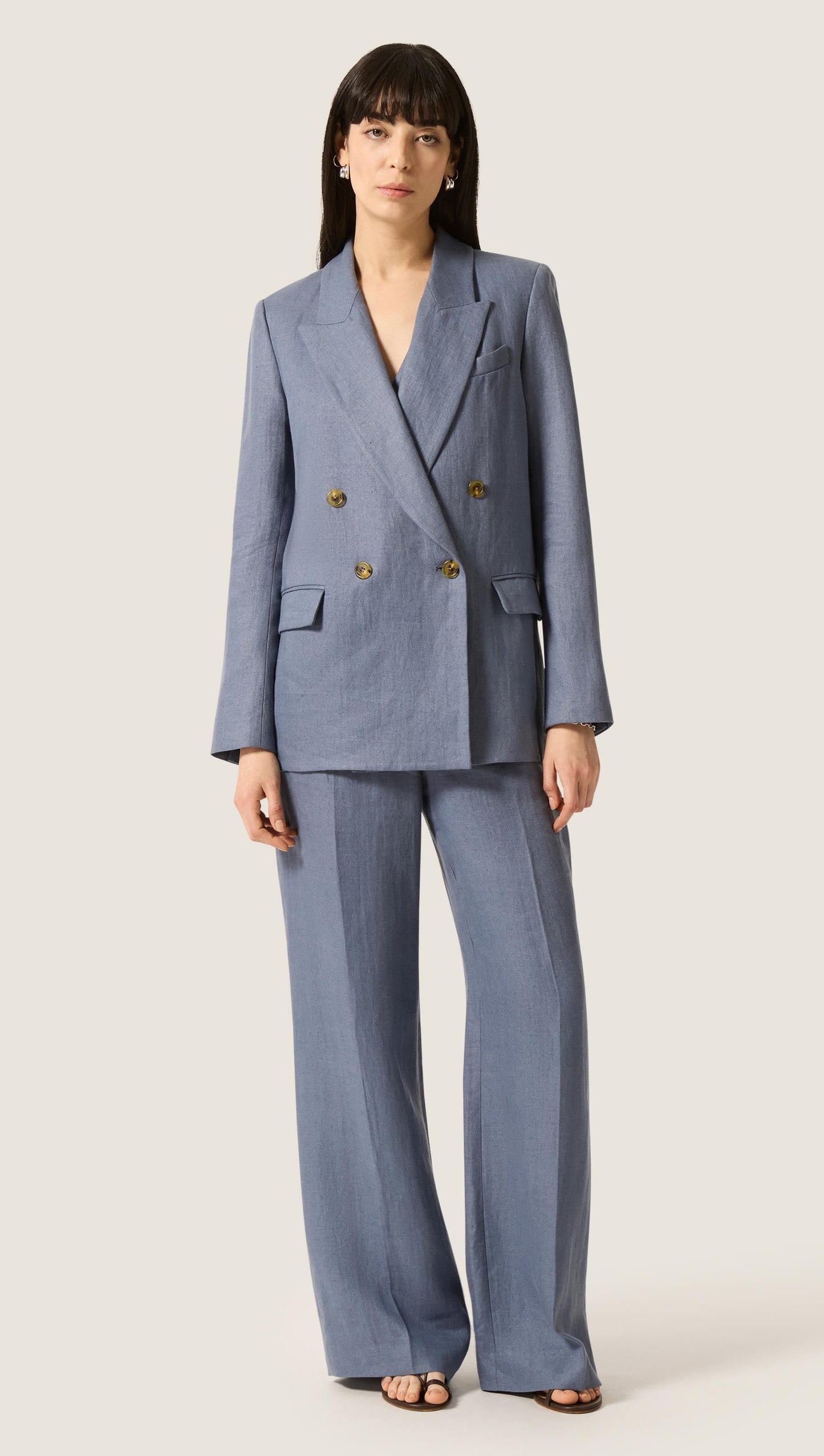 Peak Lapel Blazer in Basket Weave Linen | Blue Grey