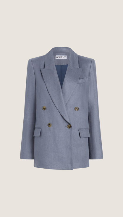 Peak Lapel Blazer in Basket Weave Linen | Blue Grey