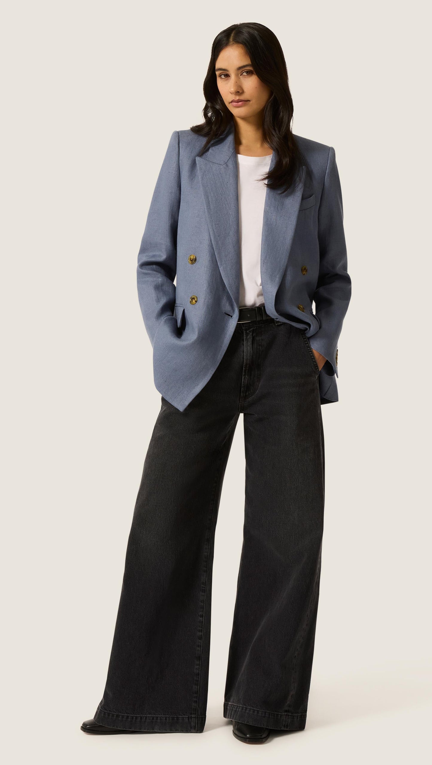 Peak Lapel Blazer in Basket Weave Linen | Blue Grey