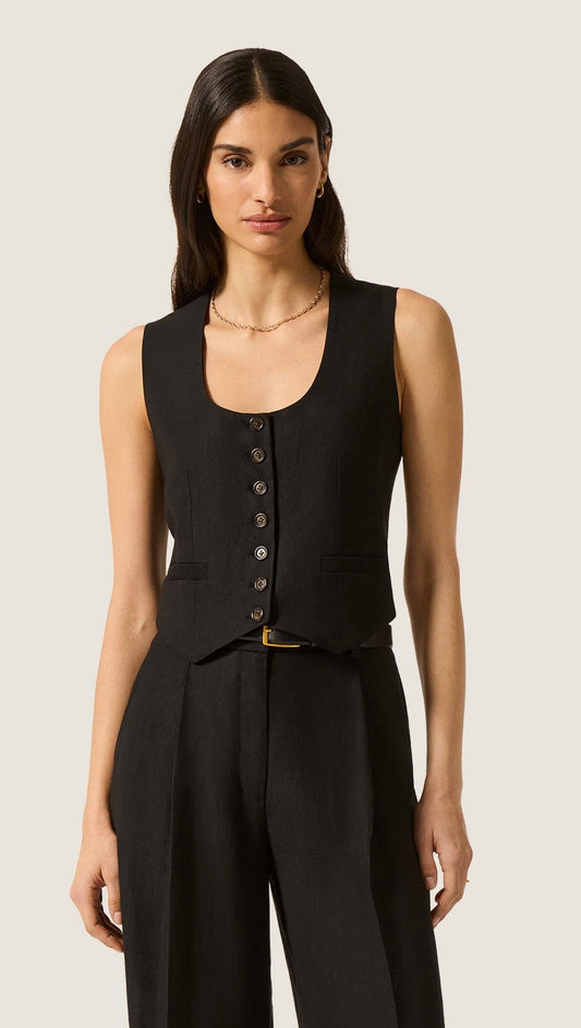Scoop Neck Waistcoat in Viscose Linen | Black