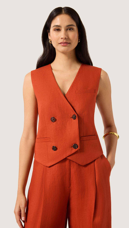 Double-Breasted Waistcoat in Linen Twill | Deep Persimmon