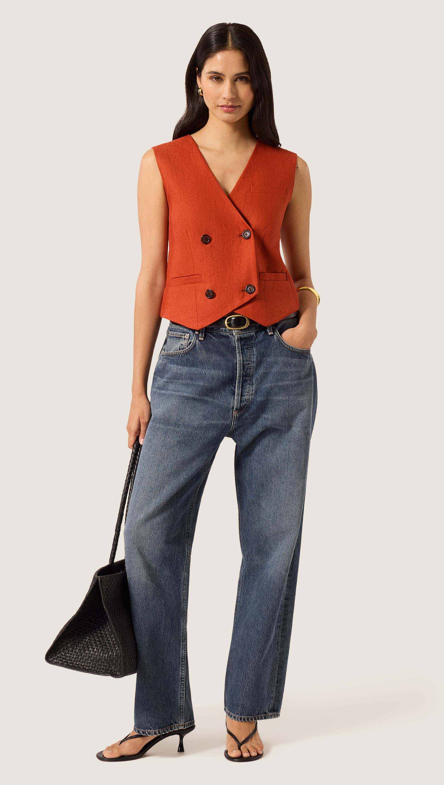 Double-Breasted Waistcoat in Linen Twill | Deep Persimmon