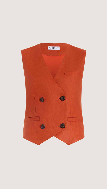 Double-Breasted Waistcoat in Linen Twill | Deep Persimmon