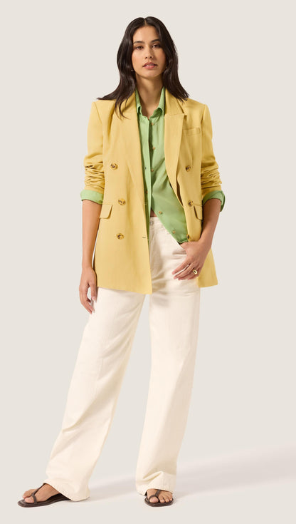 Belted Double-Breasted Blazer in Viscose Linen | Sunflower