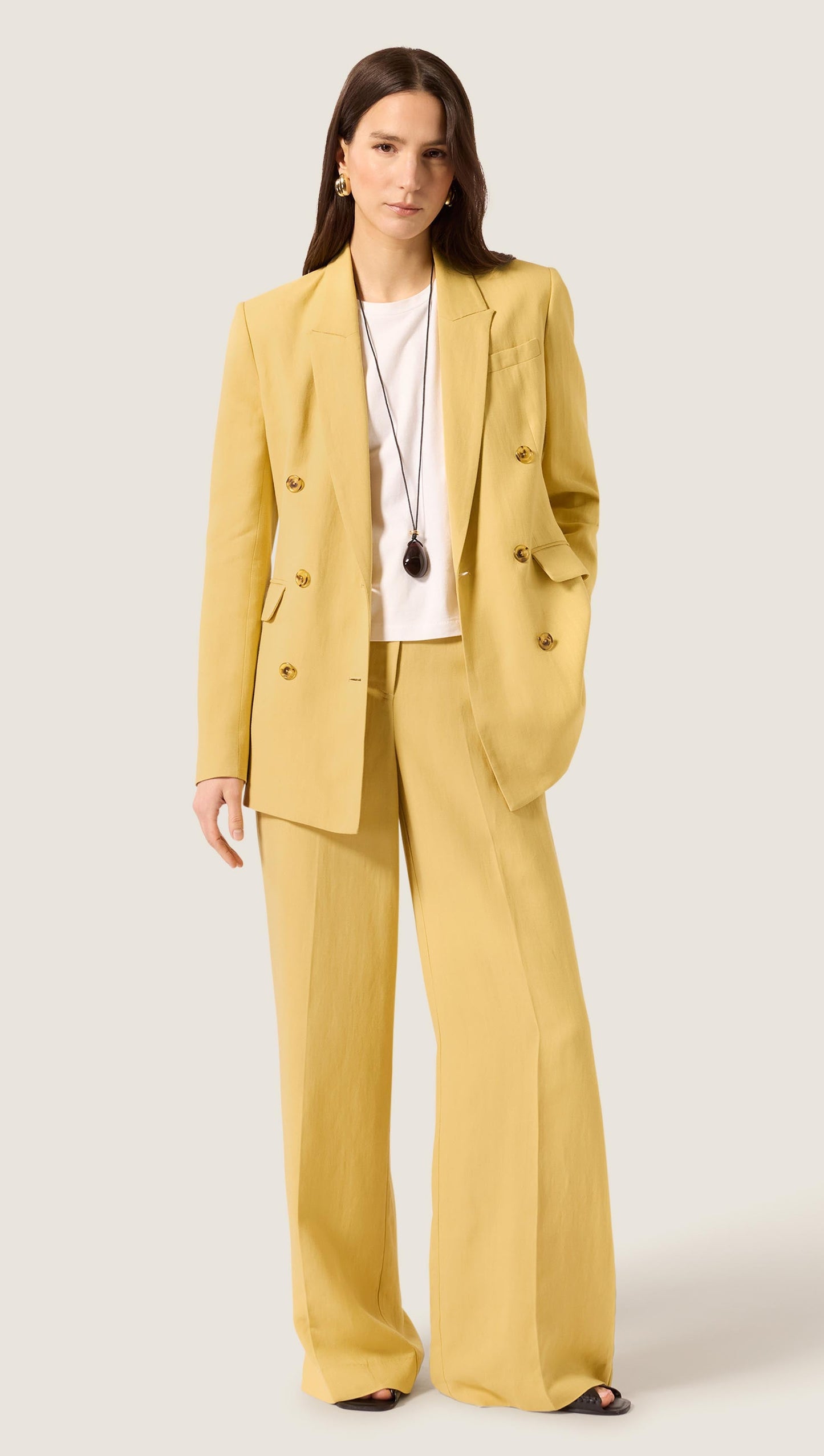 Belted Double-Breasted Blazer in Viscose Linen | Sunflower