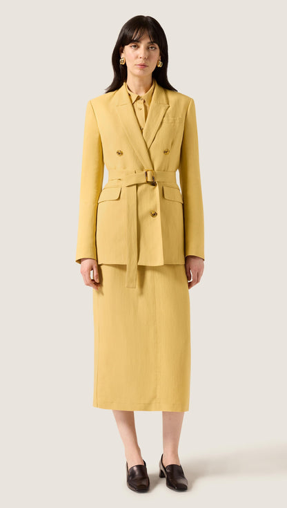 Belted Double-Breasted Blazer in Viscose Linen | Sunflower