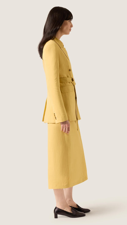Belted Double-Breasted Blazer in Viscose Linen | Sunflower