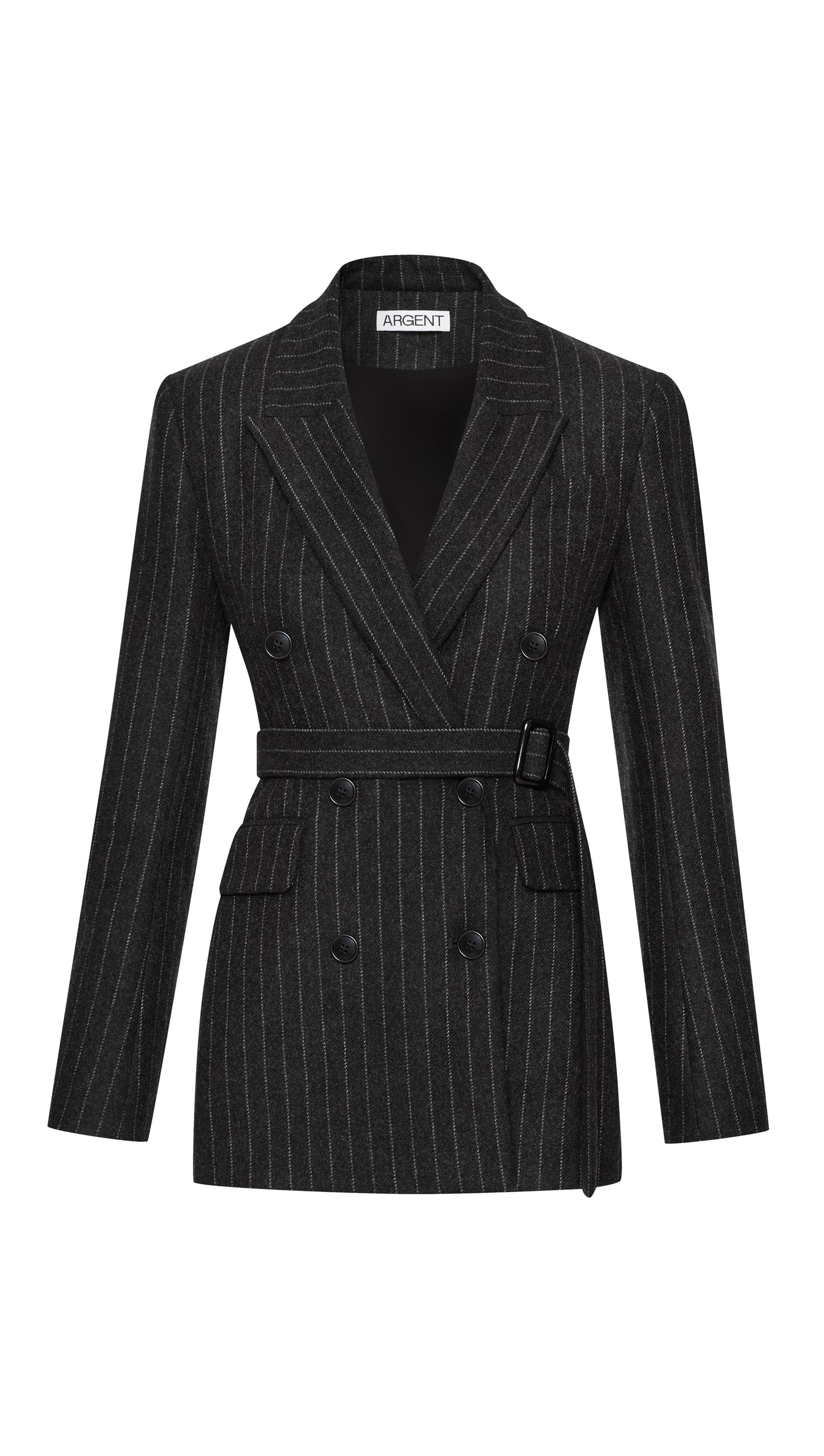 Belted Double-Breasted Blazer in Wool Blend | Grey Pinstripe