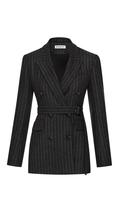 Belted Double-Breasted Blazer in Wool Blend | Grey Pinstripe