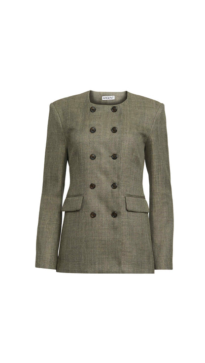 Double-Breasted Crewneck Blazer in Herringbone | Ash