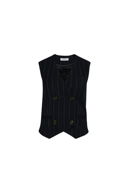 Double-Breasted Waistcoat in Stretch Wool | Herringbone Midnight Stripe