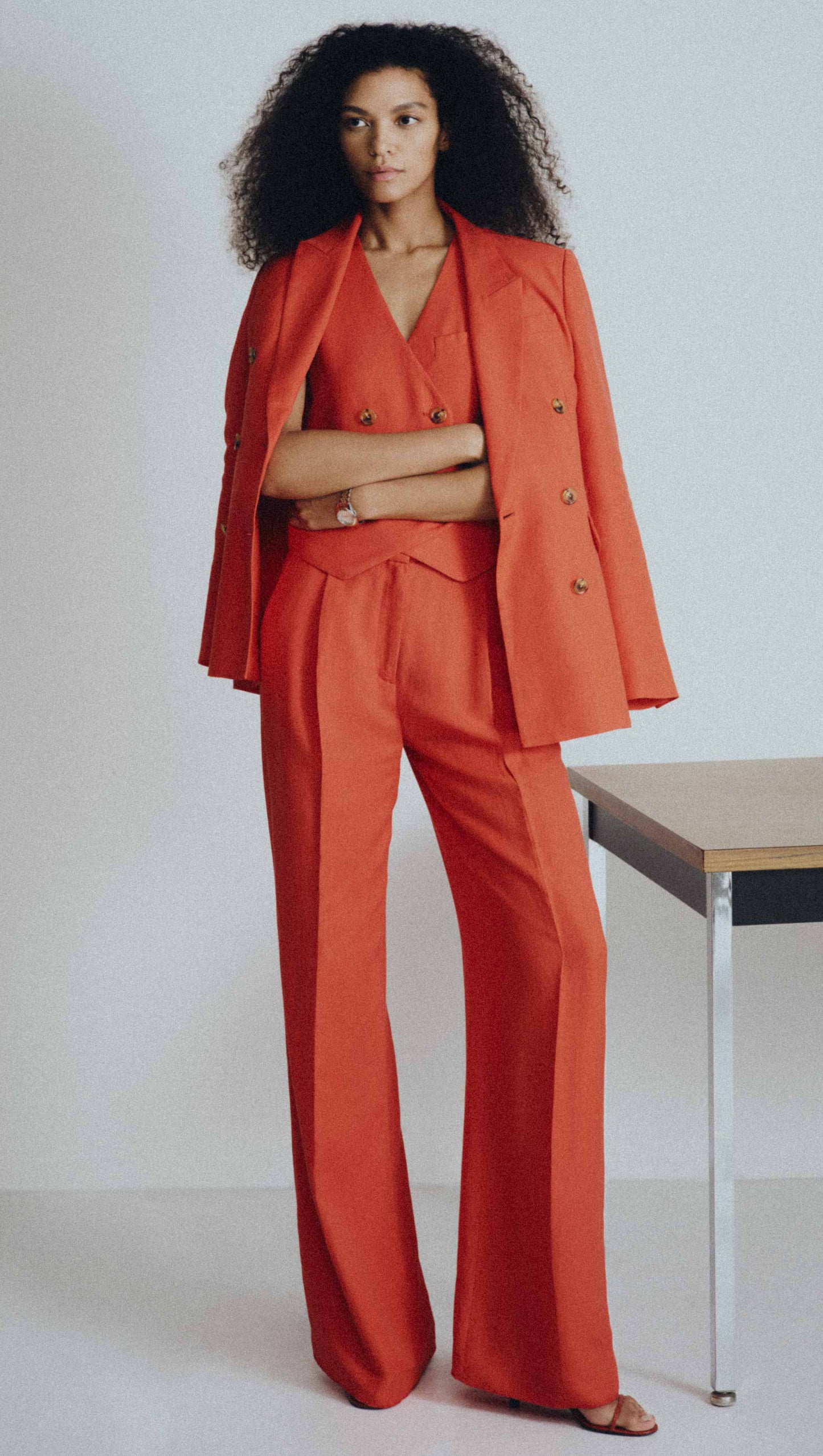 Double-Breasted Blazer in Viscose Linen | Coral Red