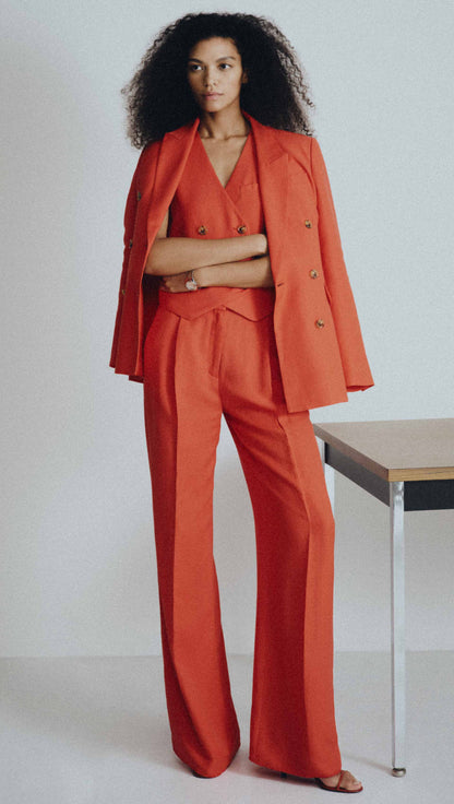 Double-Breasted Blazer in Viscose Linen | Coral Red