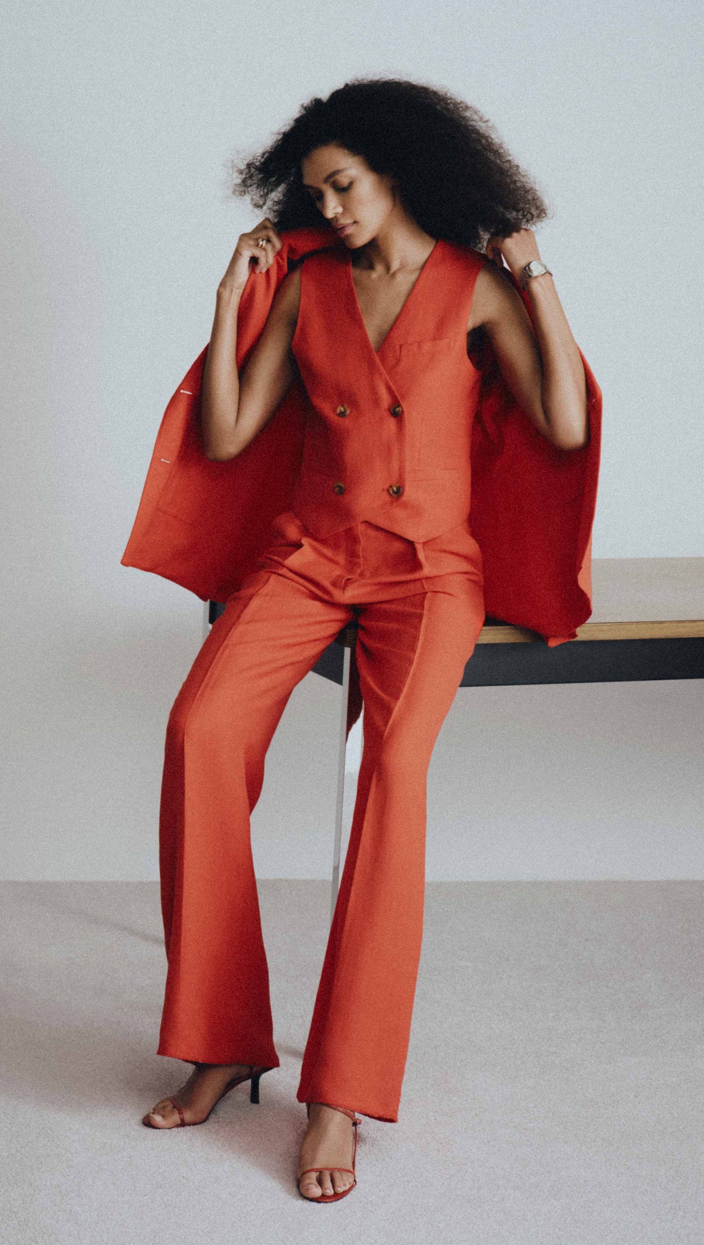 Double-Breasted Blazer in Viscose Linen | Coral Red