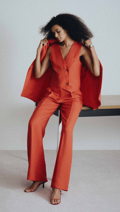Double-Breasted Waistcoat in Viscose Linen | Coral Red