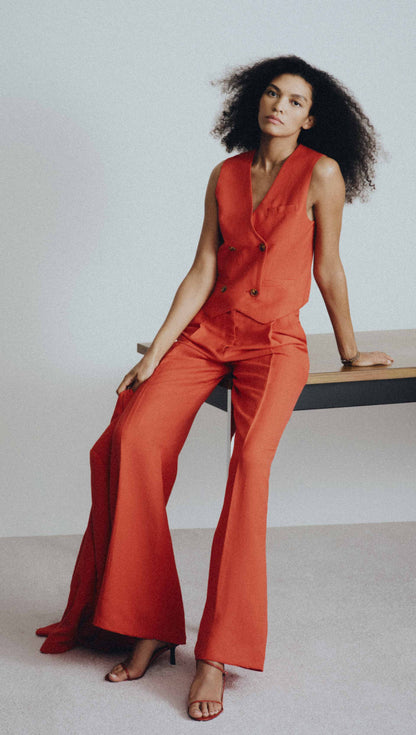 Double-Breasted Waistcoat in Viscose Linen | Coral Red