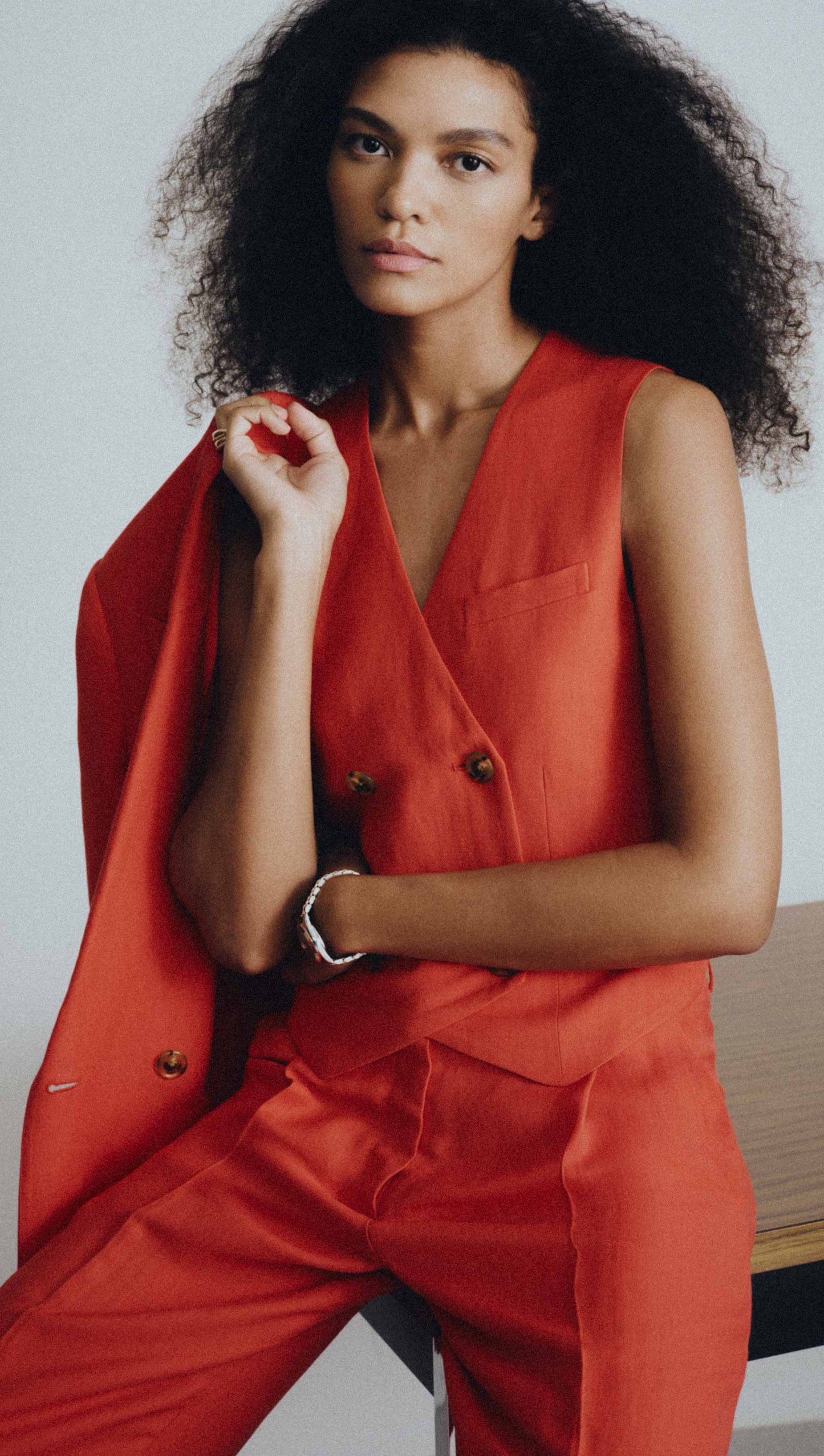 Double-Breasted Waistcoat in Viscose Linen | Coral Red