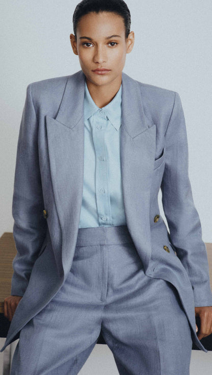 Peak Lapel Blazer in Basket Weave Linen | Blue Grey