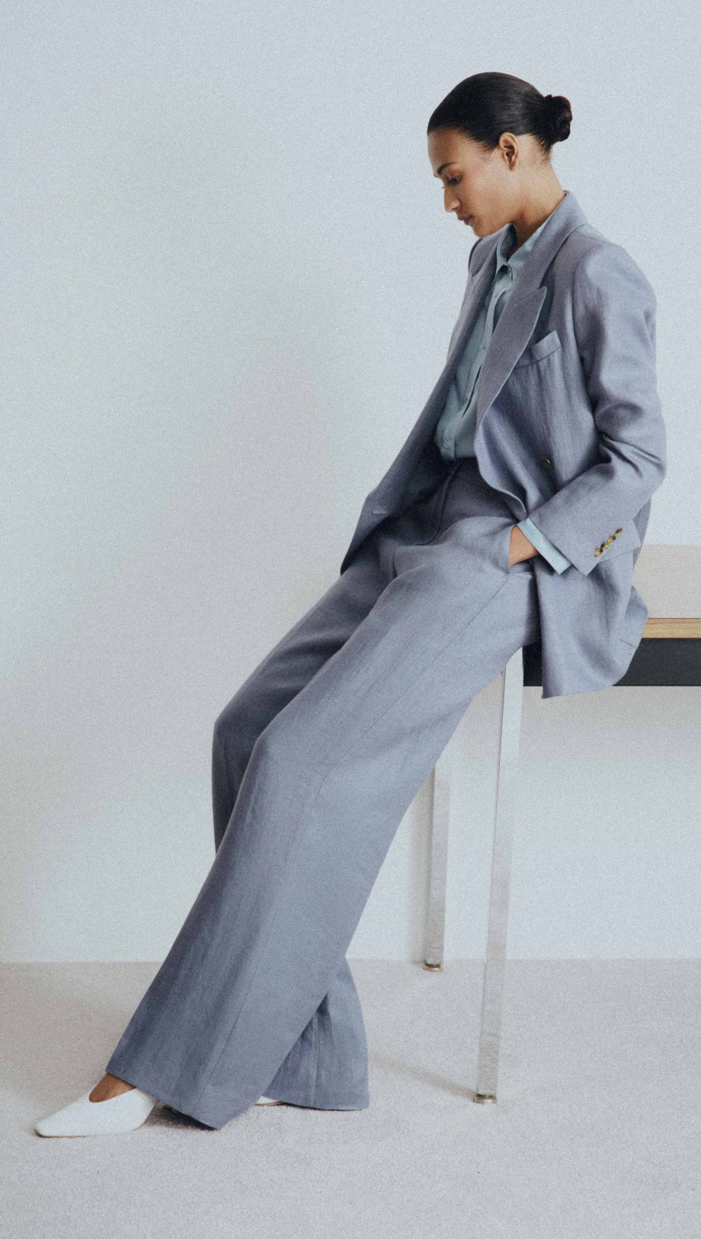 Soho Trouser in Basket Weave Linen | Blue Grey