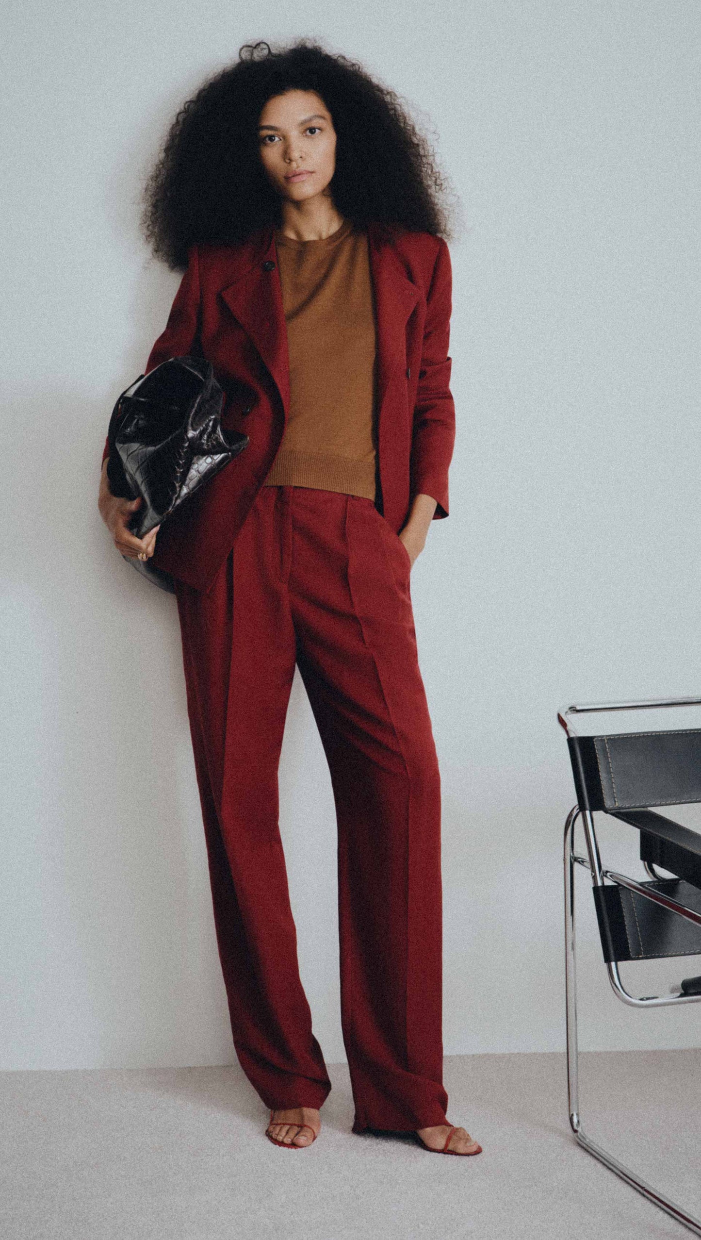 Double-Breasted Crewneck Blazer in Viscose Linen | Maroon