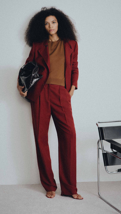 Double-Breasted Crewneck Blazer in Viscose Linen | Maroon