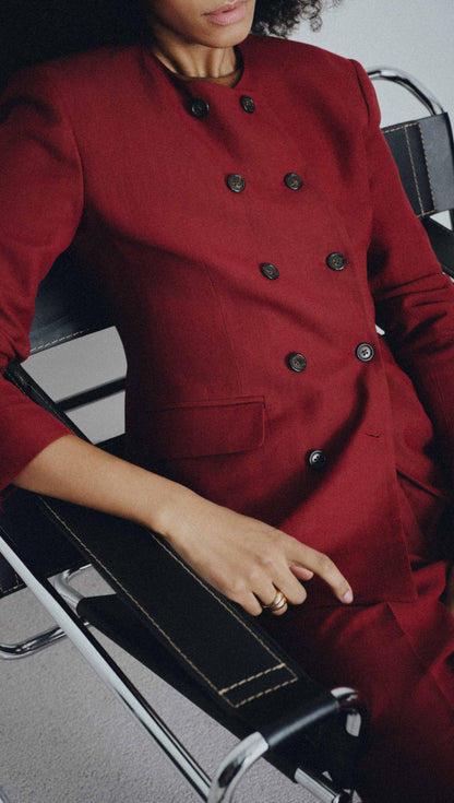 Double-Breasted Crewneck Blazer in Viscose Linen | Maroon
