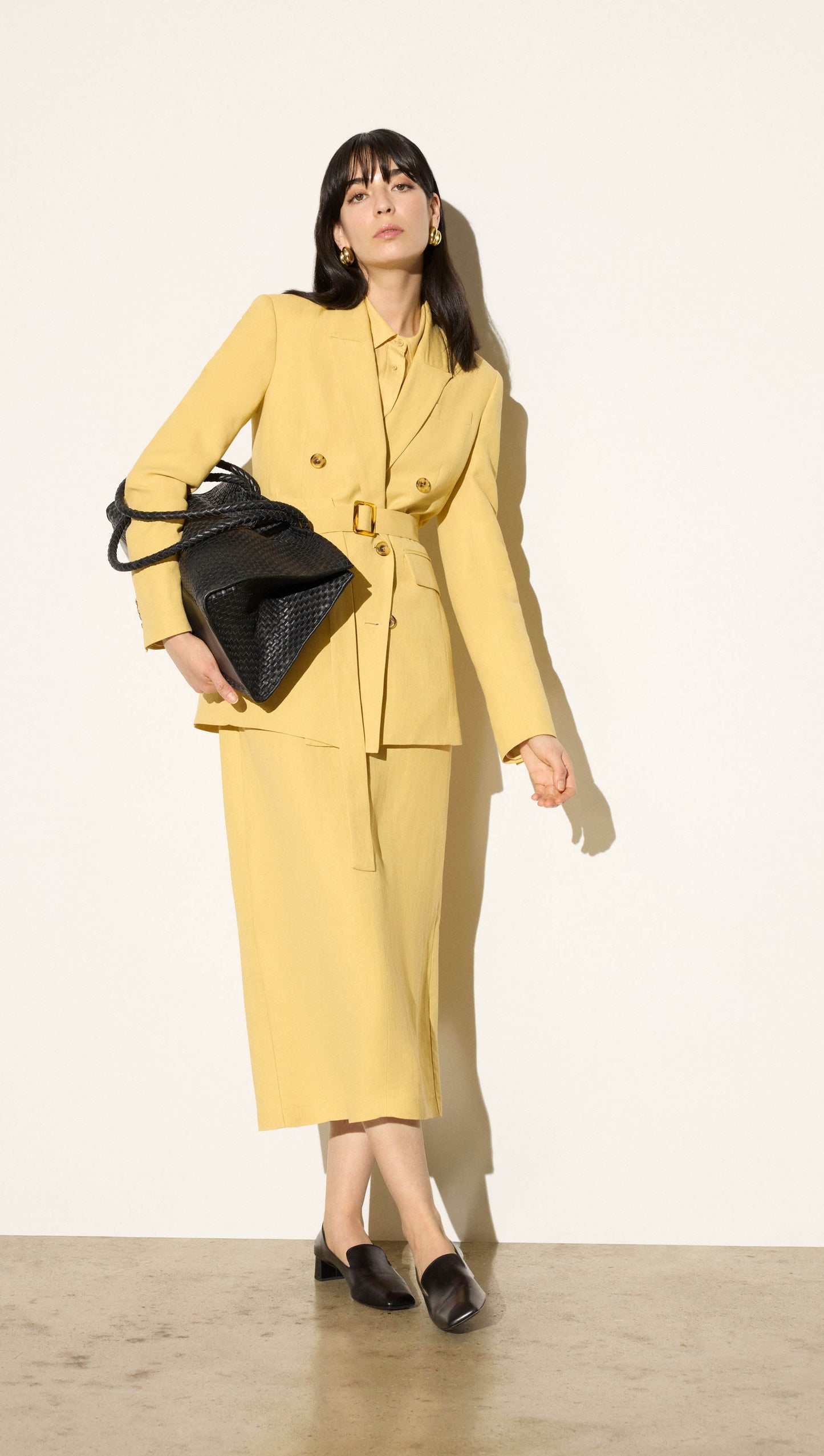Belted Double-Breasted Blazer in Viscose Linen | Sunflower